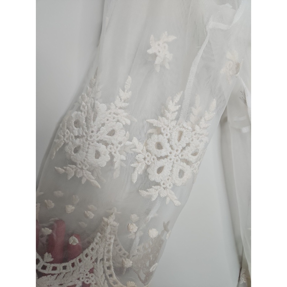 Indigo Soul Mesh Embroidered Crochet Cardigan L Ivory Boho Western Coverup Rodeo - Picture 12 of 14